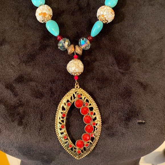 Necklace Turquoise and Red Statement Piece - Picture 7 of 8